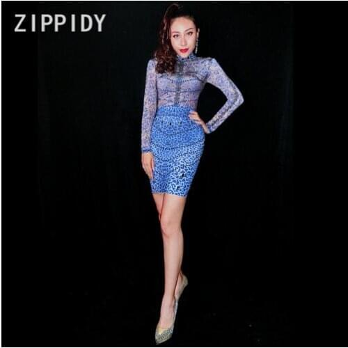 Fashion Blue Dress For Women Blue Rhinestone Dance Costume Stage Performance Long Sleeves Dress Birthday Dress Evening Wear