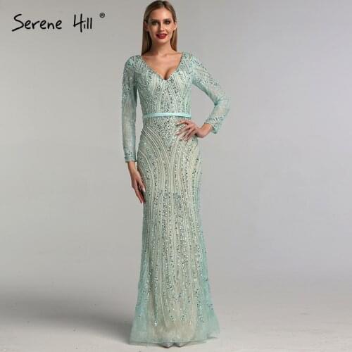 Dubai Green Long Sleeve Mermaid Fromal Dresses 2020 V-Neck Beaded Sequins Luxury Evening Dresses Serene Hill BLA6396
