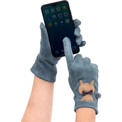 Winter Women Suede Keep Warm Touch Screen Plus Velvet Inside Cycling Drive Cat Cartoon Cute Lovely Elegant Elasticity Gloves