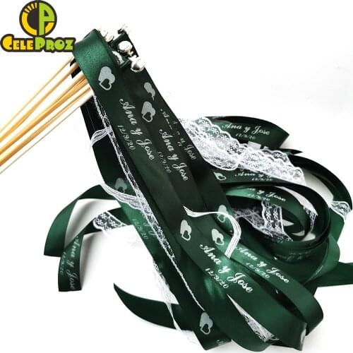 50Pcs Hunter Green Ribbon Wands Wedding Twirling Streamers Wedding Ribbon Fairy Stick With Bell Party Send off Cheer Prop Wands