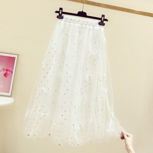 White Mesh Skirt for Women Summer Wear New Flower Beads Embroidered Skirt Womens Casual Elastic Waist A- Line Skirts Girls
