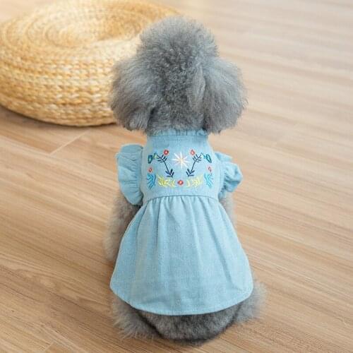 Spring Japanese And Korean Pet Bubble Sleeve Embroidered Denim Skirt Summer Thin Breathable Dog Clothing Teddy Dress