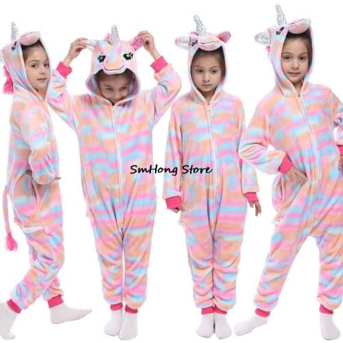 Baby Girls Flannel Soft Warm Kigurumi Unicorn Pajamas Zebra Girl Nightwear Homewear Funny Cosplay Costume Sleepwear
