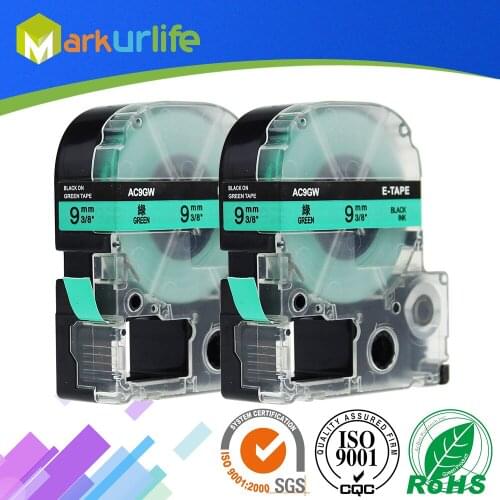 2 Packs SC9G Compatible Epson Labelworks LW-300 LW-400 LW-500 LW-600 Label Maker Tape Refill Cartridge Black on Green 9mm