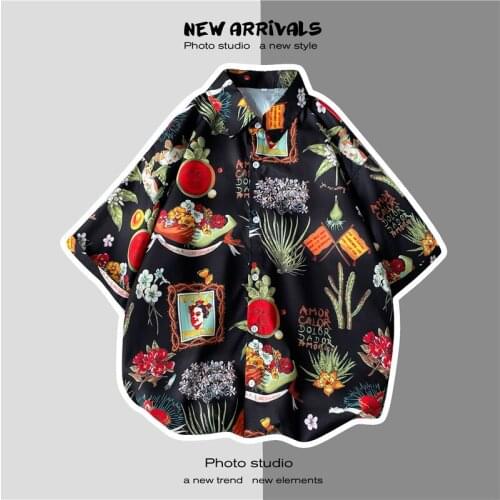 ICCLEK Summer Short-sleeved Flower Shirt Male Tide Ruffian Handsome Beach Design Sense Cartoon Female Loose Shirt Hawaii