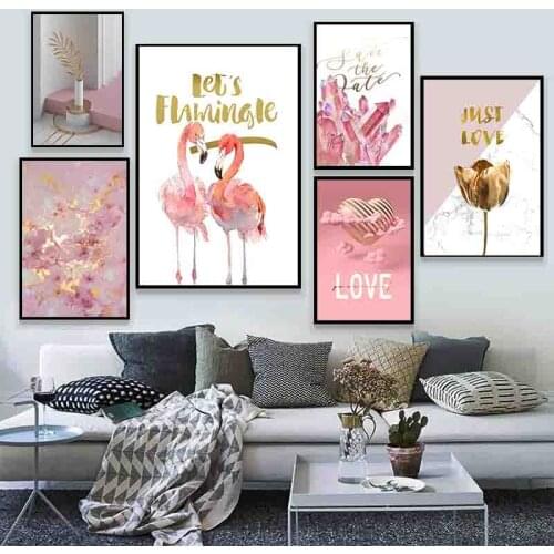 Cute Pink Art Wall Prints Flamingo Letter Love Posters Animal Abstract Nordic Canvas Picture Paintings Girl Bedroom Decoration