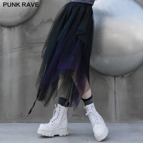 PUNK RAVE Womens Gothic Mesh Loose Fluffy A-Shape Long Skirt Asymmetrical Lace Decorative Elastic Waist Casual Gradient Skirts