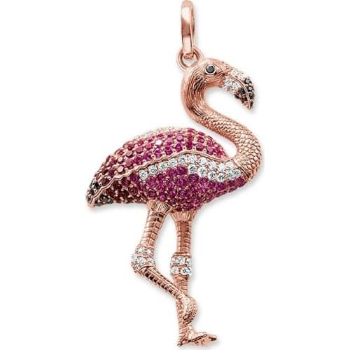 Pink Flamingo Bird Pendants Pave CZ 925 Sterling Silver DIY Necklaces Jewelry Making Accessories for Women Men Gift Wholesale