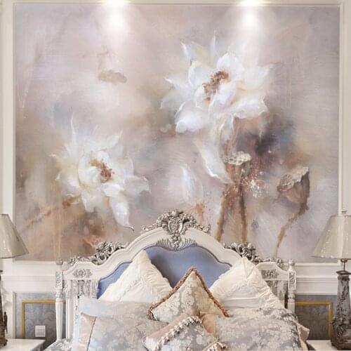 Custom Mural Oil Painting Style White Floral Flower Hotel Bedroom Background Wall Painting