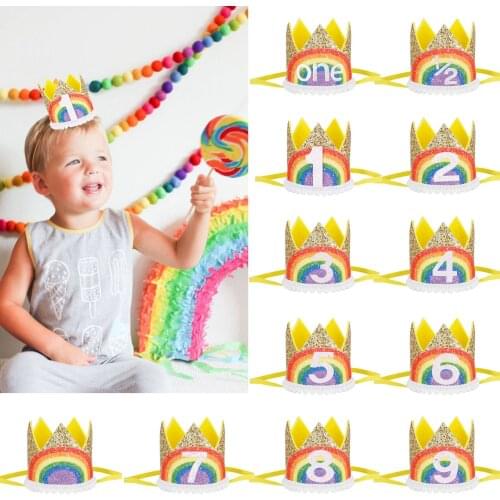 0-9 Rainbow Birthday Crown Party Hats Boy Girl Kids One Year Princess Crown Headband Baby Shower 1st Birthday Decor Party Supply