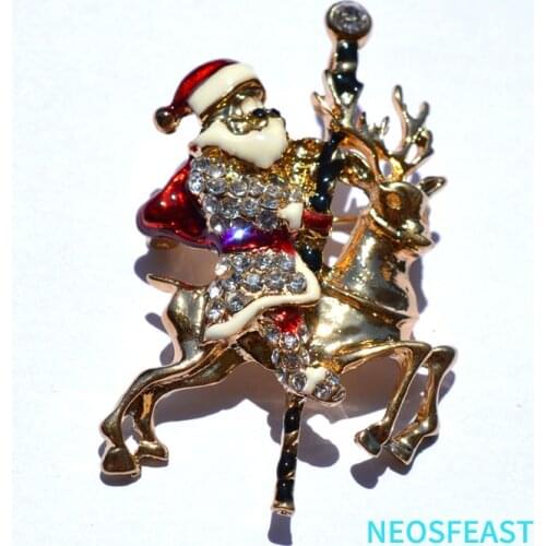 Christmas Brooch for Women Rhinestone Santa-Claus Pin Black Gold Color Lady Gift Coat Garments Garland Accessory Classic Jewelry