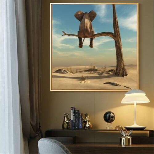 Modern Humorous Drawing Elephant Sitting on The Tree Canvas Painting Posters and Prints Wall Art for Living Room Home Decoration