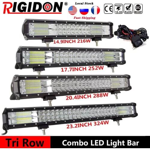 RIGIDON 7D Tri-Row 14.9/17.7/20.4/23.2inch Offroad Led Light Bar Flood Spot Combo Beam for Boat Truck 4WD SUV ATV With Wiring