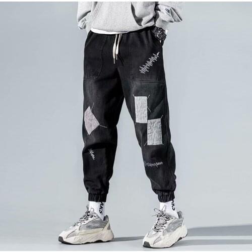 High Street Fashion Mens Jeans Drawstring Black Personal Designer Printed Denim Pants Men Punk Pants Loose Trousers