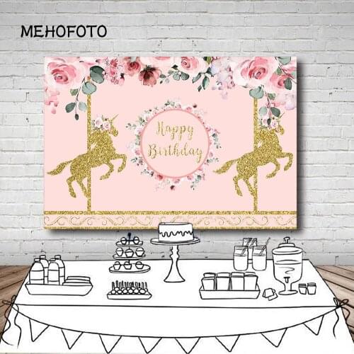 Vinyl Photography Background Girl Birthday Party Unicorn Pink Flower Carousel Custom Children Backdrop Photo Booth