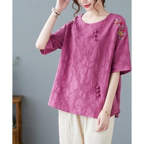 Women Cotton Linen Casual T-shirts New 2021 Summer Vintage Style Floral Embroidery Loose Female Short Sleeve Tops Tees B346