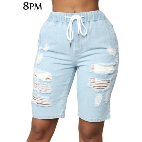 Women Casual Shorts Jeans High Waist Elastic Waist Blue Destroy Ripped Denim Shorts Pockets Tassel Midi Shorts Jeans ouc1042