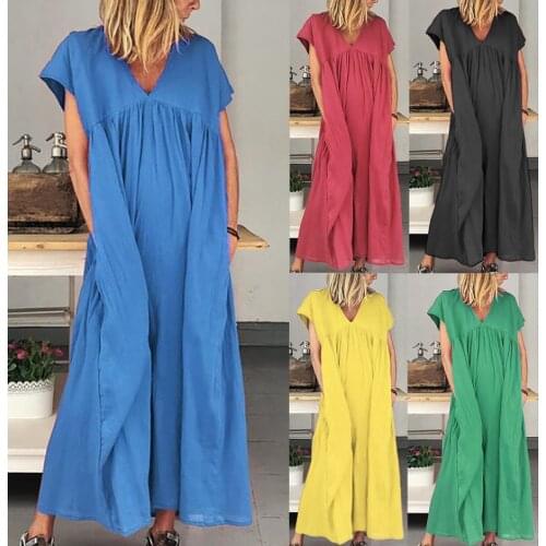 2020 Fashion Dress Women Solid Boho Pocket Long Dress Loose V-Neck Party Summer Beach Holiday Dresses Woman Vestidos Large Size