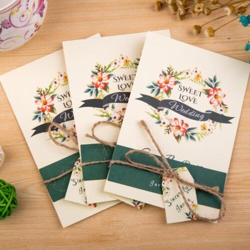 30 Pcs/lot Green Flower Printed Creative Wedding Invitation Sweet Love Personality Single Page Invitation Card with Rope Tag