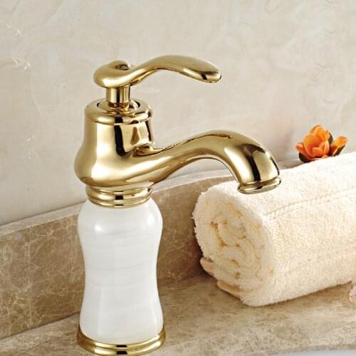 Free shipping New design jade stone gold basin sink mixer tap with solid brass bathroom basin faucet and hot cold kitchen faucet