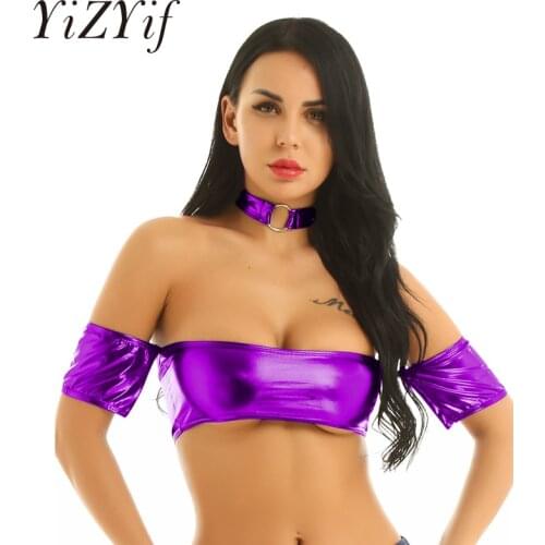 Women Sexy Tops Shiny Strapless Short Sleeves Bandeau Tube Bra Tank Tops with O-Ring Collar Choker Necklace Breast Wrap Blouse