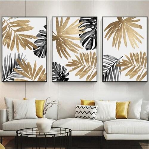 Nordic Style Decorative Painting Simple Black and Gold Leafs for Living Room Triple Golden Leaf Canvas Painting Posters Prints