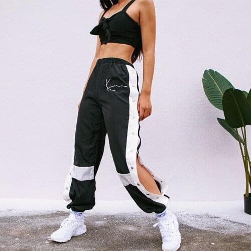 Deeptown Joggers Women Pants Patchwork Sweatpants Harem Casual Side Split Button Panelled High Waist Trousers Streetwear