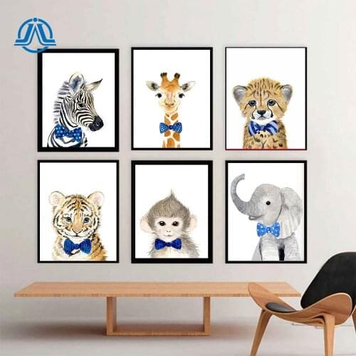Cartoon Canvas Painting Animal With Blue Bow Tie Poaters And Prints Wall Art Tiger Picture For Boys Room On The Wall Home Decor