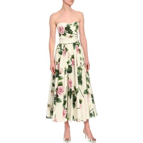 Summer Sexy Strapless Floral Print Midi Long Dresses For Women Runway Sicilian Rosy Elegant Tube Top Party Dress Zomerjurk Dames