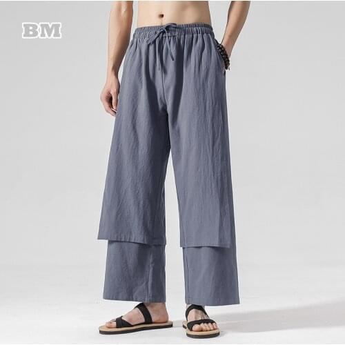 2021 Improved Ancient Style Hanfu Linen Pants Summer Chinese Style Fake Two Piece Casual Trousers Harajuku Wide-Leg Pants Men