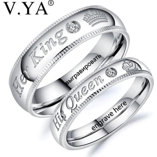 V.YA Fashion DIY Custom Engrave Couple Jewelry Rings Her King and His Queen Stainless Steel Wedding Rings for Women Men Jewelry