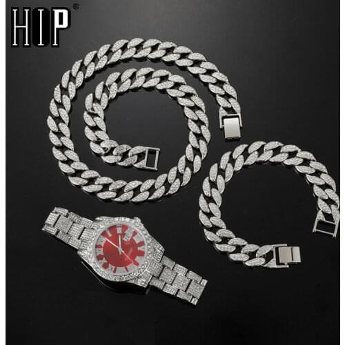 Hip Hop 15MM 3PCS KIT Watch+Necklace+Bracelet Bling Crystal AAA+ Iced Out Rhinestones Cuban Chains For Women Men Jewelry