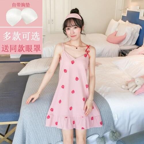 Nightgown Womens Summer Students Cute Pure Cotton-Strapped Dress Pajamas Loose Casual Hipster Summer Home Wear