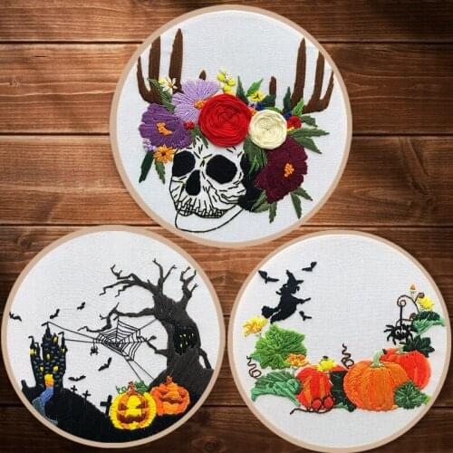 New Arrival DIY Embroidery Kit With Hoop Halloween Pumpkin Skull Needlework Cross Stitch Printed Fabric Sewing Home Craft Gifts