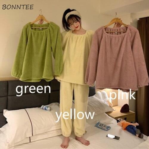 Pajama Sets Women Sweet Kawaii Thicker Solid Home Comfortable Winter Warm Feminino Sleepwear Student BF Style Simple Chic Soft