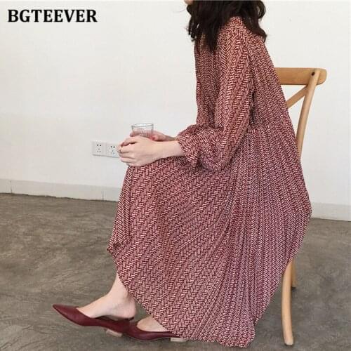 BGTEEVER Stylish Chic Stand Collar Women Pleated Dress Full Sleeve Lace-up Loose Female Dress 2021 Spring Summer Ladies Vestidos