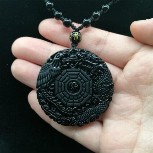 Drop Ship Natural Black Obsidian Hand Carved Chinese Dragon Phoenix BaGua Lucky Amulet Pendant Necklace certificate Jewelry