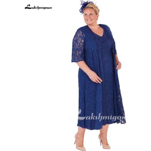 Plus Size Blue Lace Mother Of The Bride Dresses with Jacket Vestidos de Noite Evening Party Dresses Vestido de Madrina