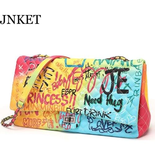 JNKET New Womens Graffiti Chain Shoulder Bag Casual Crossbody Bags Ladies Sling Bag