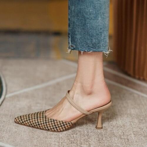 Vintage Brown Lattice Women Mules Shoes 2021Pointed Toe High Heels Prom Stilettos Chic Plaid Summer Slippers Chaussure Femmes