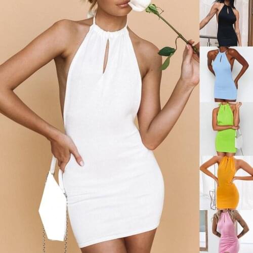 Women Dress Solid Color Hollow Out Summer Halter Backless Sleeveless Dress Sexy Beach Party Club Bodycon Mini Dresses Streetwear