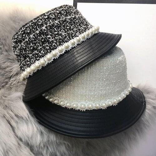 202011-shi autumn spring plaid pearl ribbon pu brim leisure lady bucket cap women fishermen hat