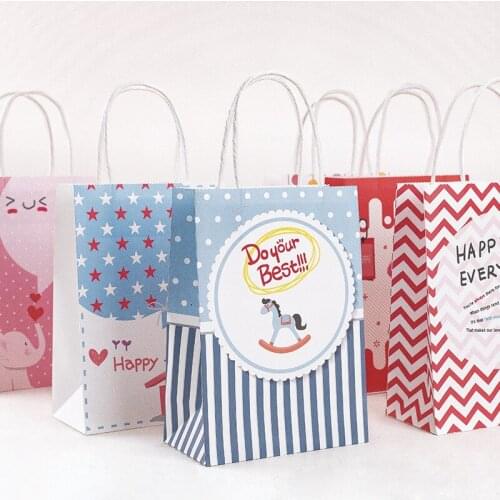 5PCS Gift Bag Packaging Handle Paper Storage Candy Cookie Happy Time Party Favor Jewelry Colorful Tote Bags Cute Pattern