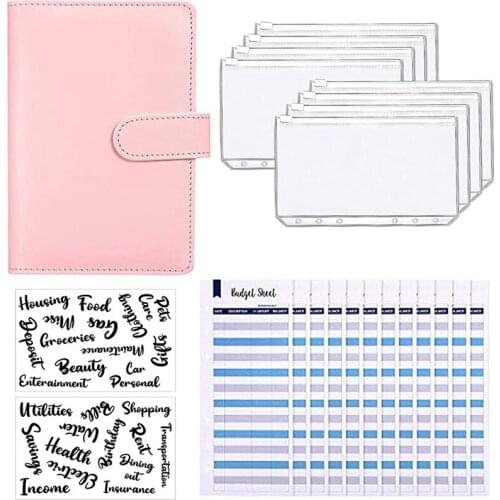 A6 PU Leather Notebook Binder Budget, 6 Ring Binder Cash Budget Envelopes System, 12 Pieces Expense Budget Sheets