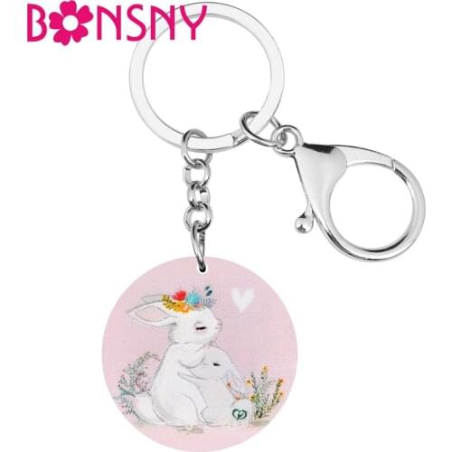 Bonsny Acrylic Round Easter Hare Rabbit Bunny Keychains Print Pet Animal Keyring Jewelry For Women Teens Charm Bag Car Accessory