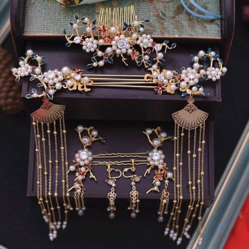Elegant blue pearl Chinese Bride Headdress Marriage Antique Hair comb Dragon and Phoenix bride Ornament hair Accessories