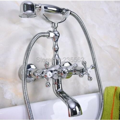 Chrome Wall Mounted Clawfoot Bathtub Faucet Set with Handheld Shower Mixer Taps llna185