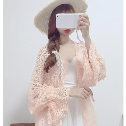 Spring Summer Long Lantern Sleeve Loose Hollow Out Lace Cardigan Women Sun Protection Clothing Female Cardigans Womens Coats