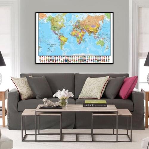 60*40cm The World Political Map with National Flags Canvas Painting Wall Art Poster School Supplies Living Room Home Decor