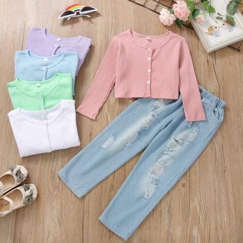 4-8Y Fashion Children Girls Clothing Sets Toddler Kids Girls Ribbed Long Sleeve Blouse Tops+Ripped Denim Pants Outfits